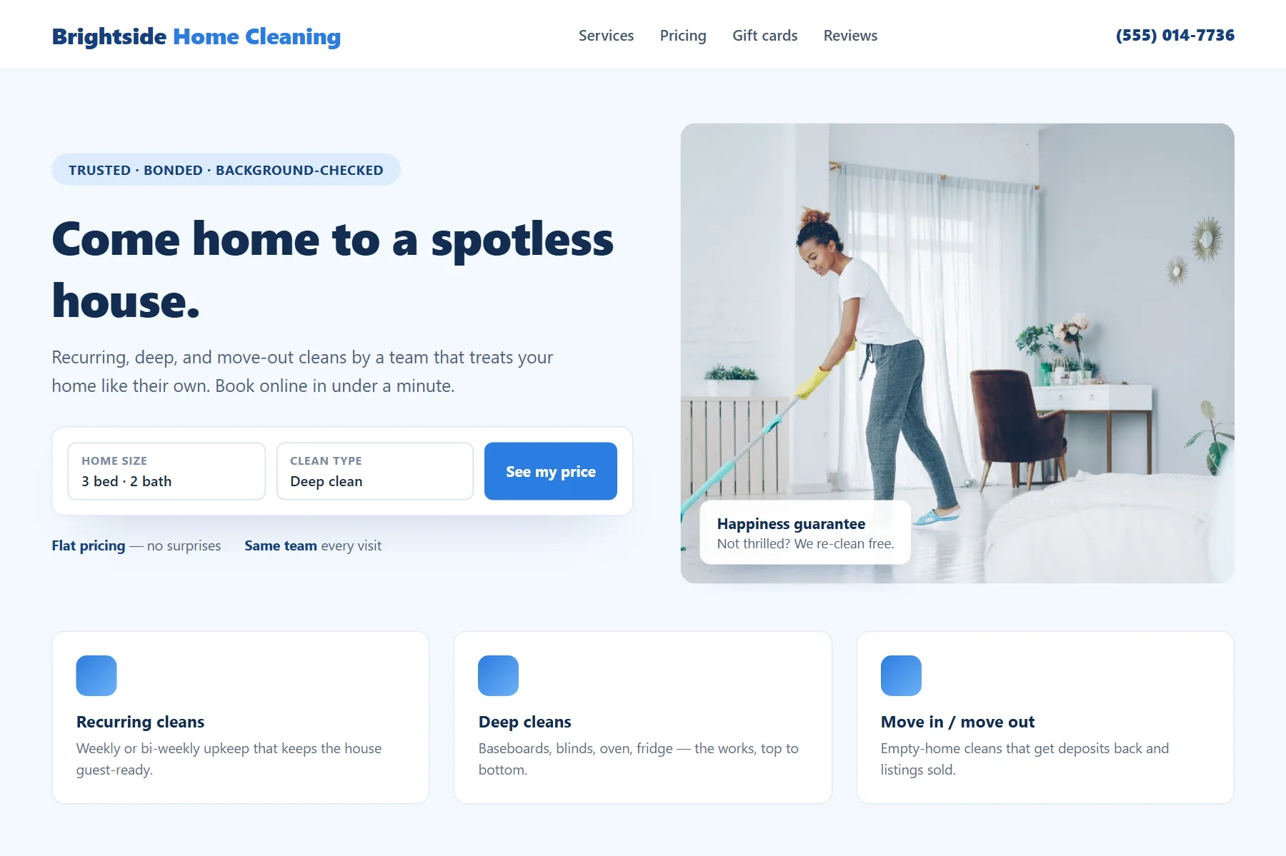 Sample website concept for a home cleaning service with online booking