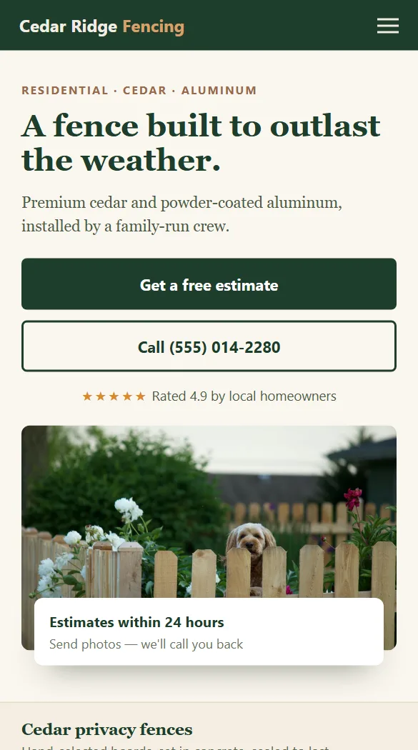 Sample website prototype for a fence company shown on a phone