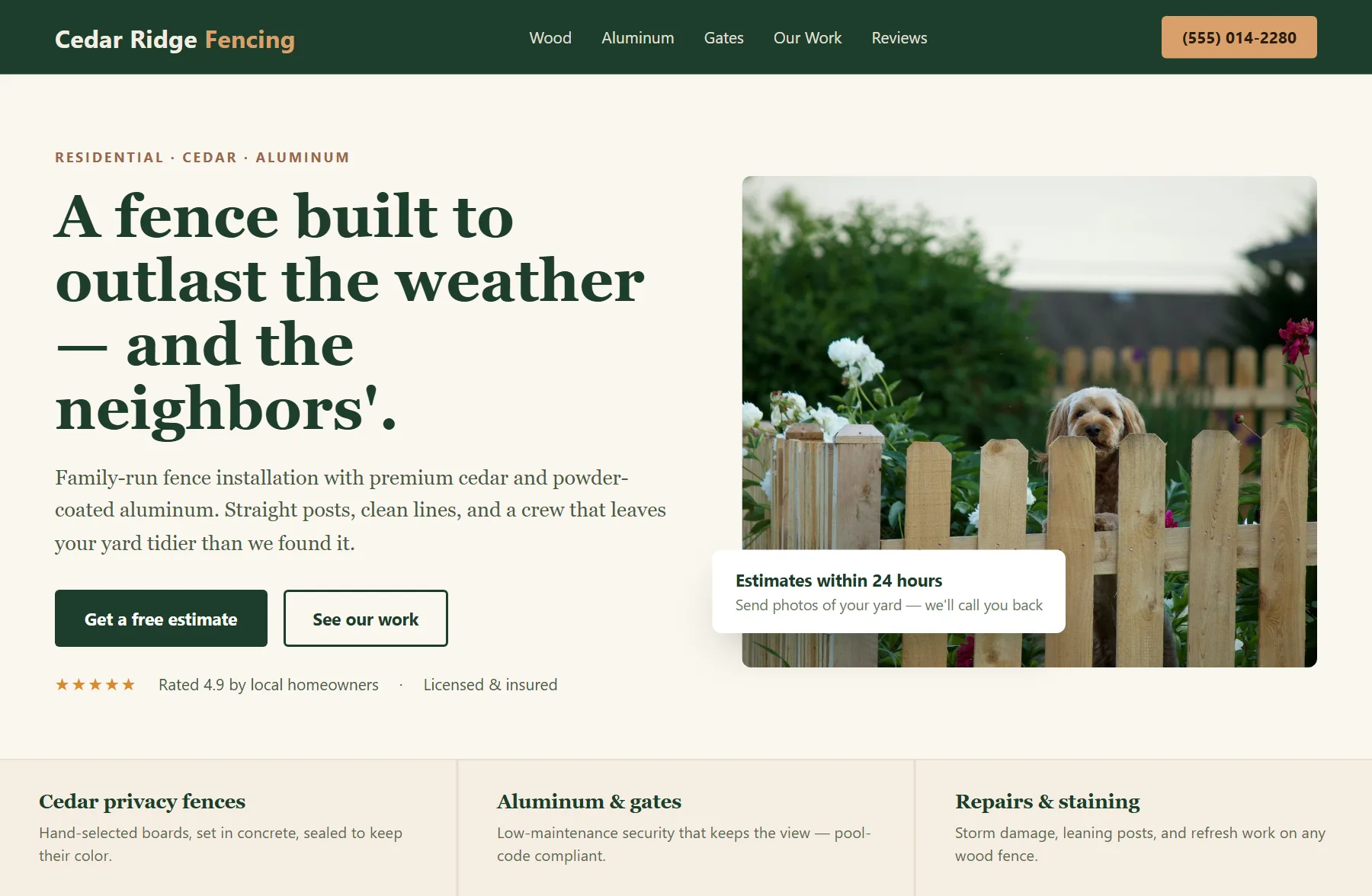 Sample website concept for a fence company: bold headline, free estimate buttons, customer rating, and photo of a cedar fence