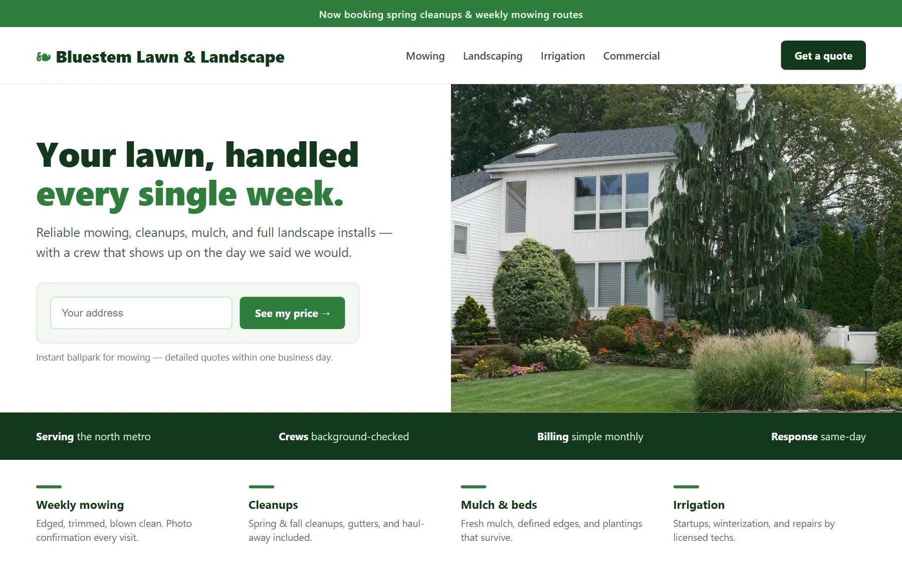 Sample website concept for a lawn and landscape company with an instant quote form